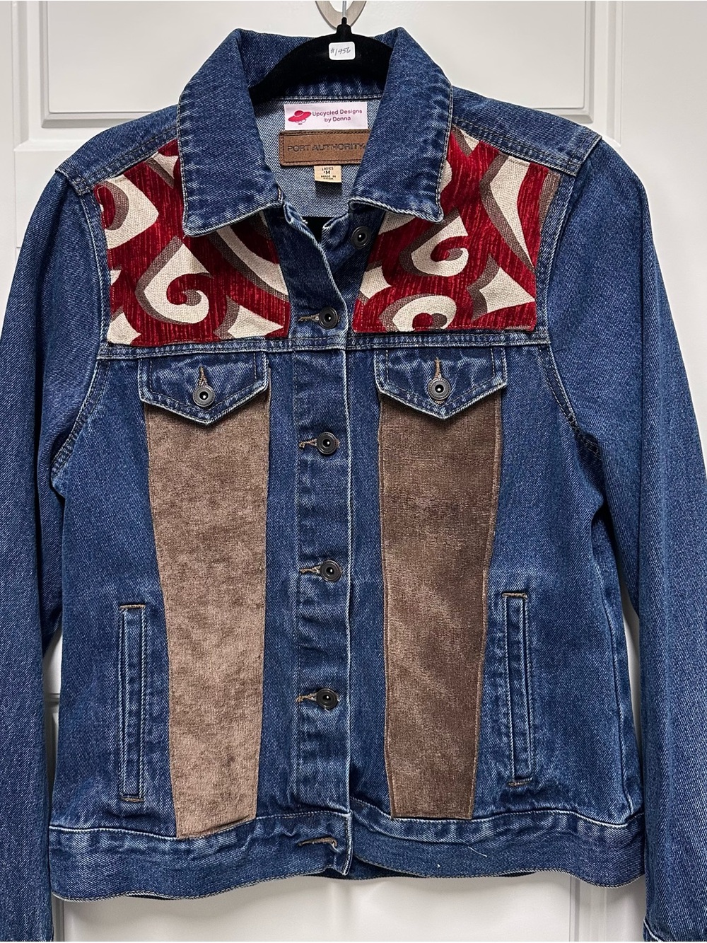 Upcycled Blue Denim Jacket with Burgundy and Brown Panels